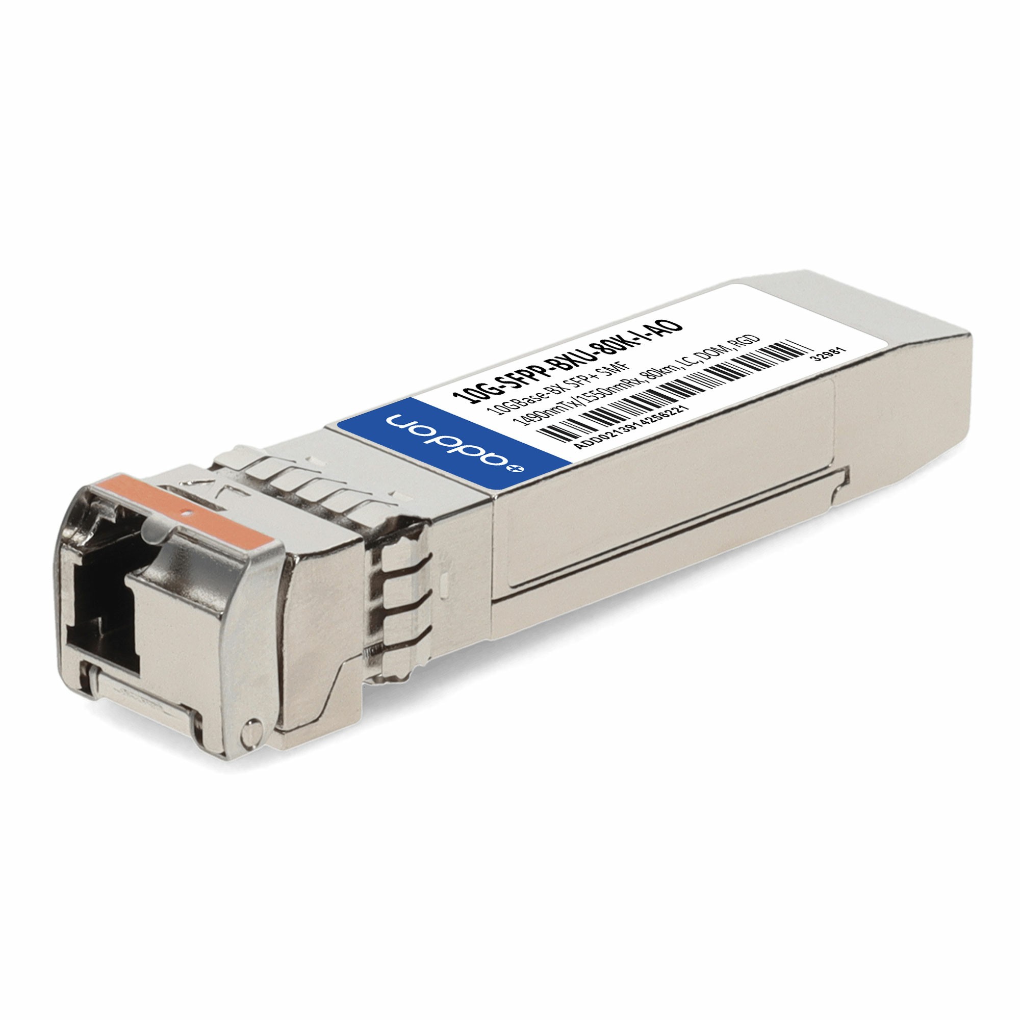 Silver metal 10G-SFPP-BXU-80K-I-AO network transceiver module with a blue label and a small orange tab, designed for fiber optic connections.
