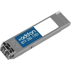 Silver fiber optic transceiver module with a blue label reading "AddOn" and a white area for identification, designed for 10GB connectivity.