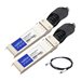 Two 10G SFP+ transceivers with a silver and black design, featuring a compact form factor and a short copper cable for connectivity, labeled with blue and white branding.