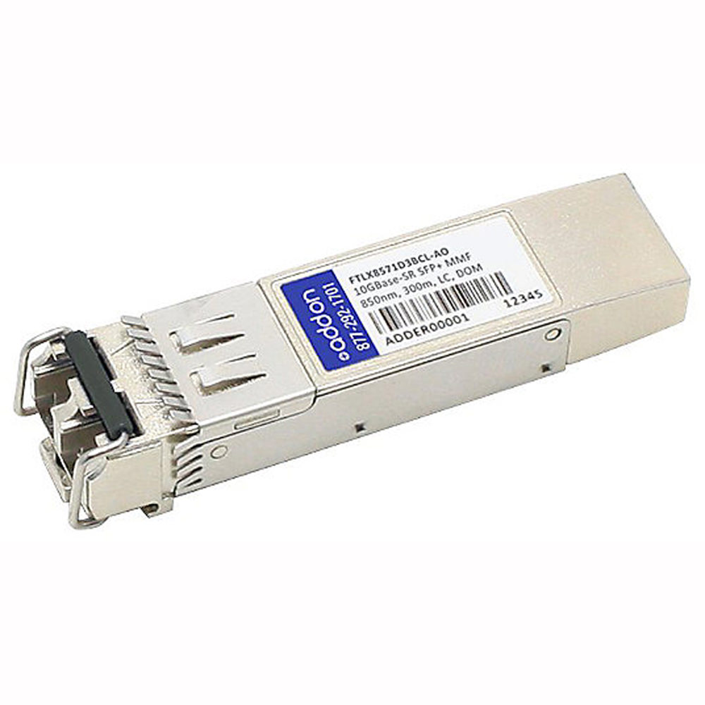 Silver metal SFP+ transceiver module with a black latch, labeled "FTLX8571D3BCL," designed for 10GBase-SR compatibility, suitable for multimode fiber connections.