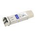 Addon Extreme Networks 10301 compatible Taa compliant 10Gbase-SR SFP+ transceiver module in a silver metal casing with a label featuring blue and black text.