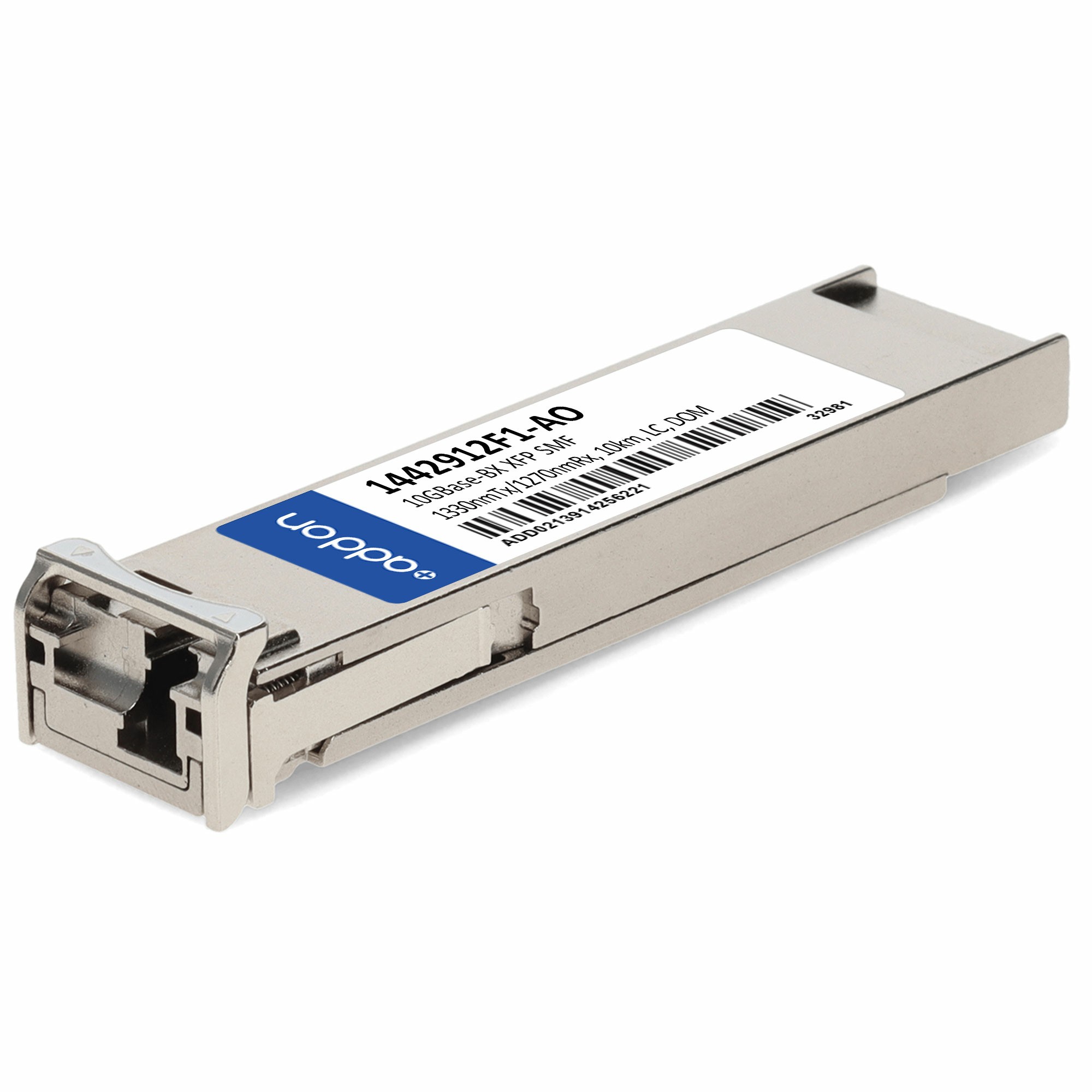 Silver metal network transceiver module with a rectangular shape, featuring a clear optical connector and a blue label displaying the model number 1442912F1-AO.