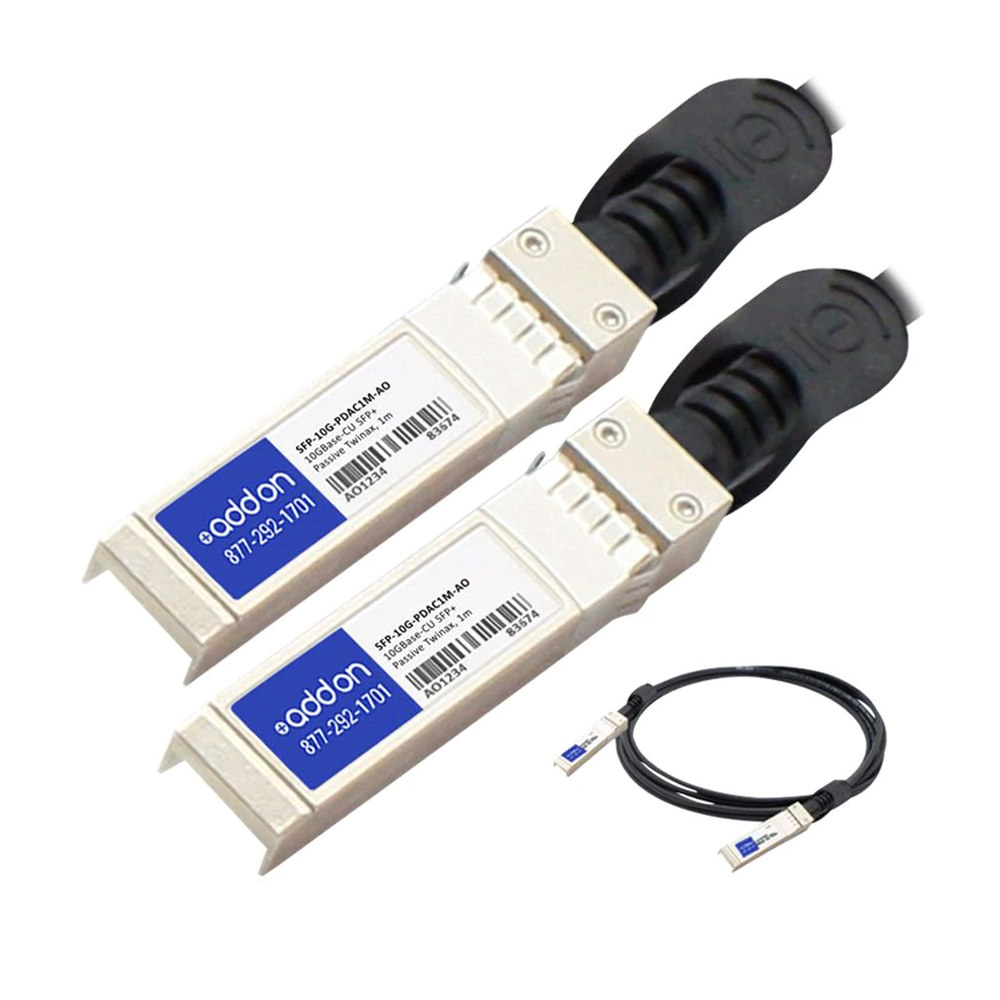 Two AddOn MSA and TAA compliant 10Gbase-Cu SFP+ to SFP+ direct attach cables, featuring a white casing and black connectors, with a short cable connecting the two ends.