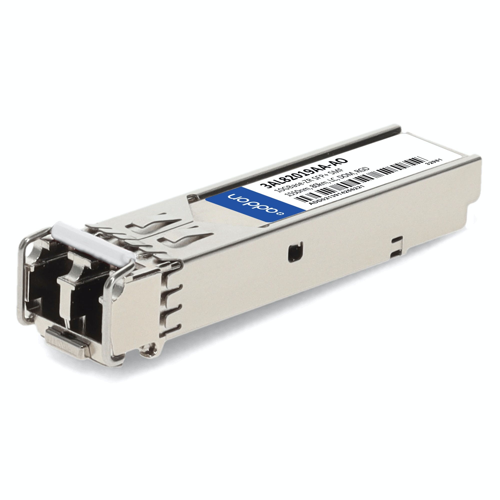 Alcatel-lucent Nokia 3AL82019AA compatible SFP+ transceiver in silver metal casing, featuring a label with model details and a compact design for high-speed networking.