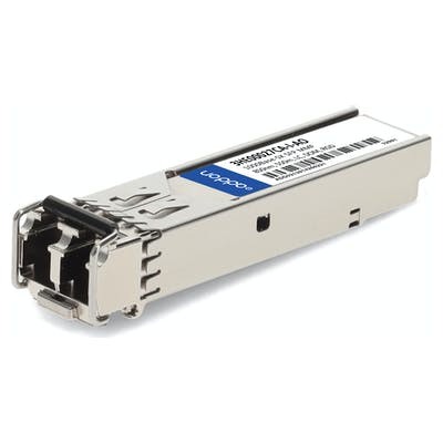 Silver metal network transceiver module with a label on the side, featuring a rectangular shape, a connector port at one end, and a sleek, compact design for fiber optic connectivity.