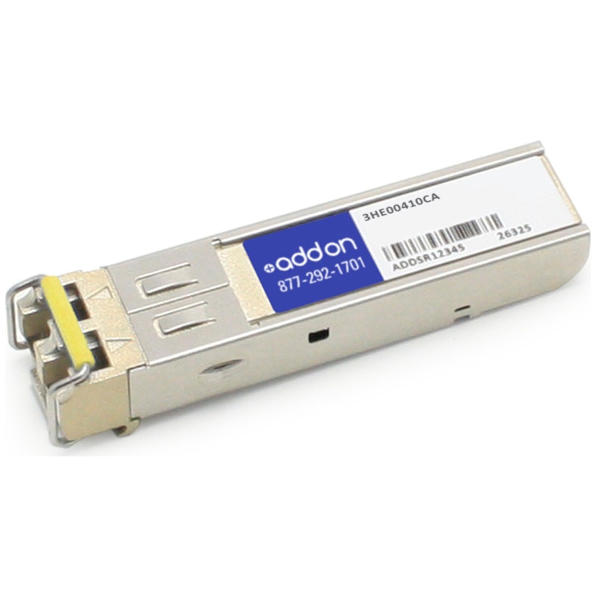 Silver metal network transceiver module with a yellow latch, featuring a blue label with white text, model number 3HE00410CA, and barcode on the side.