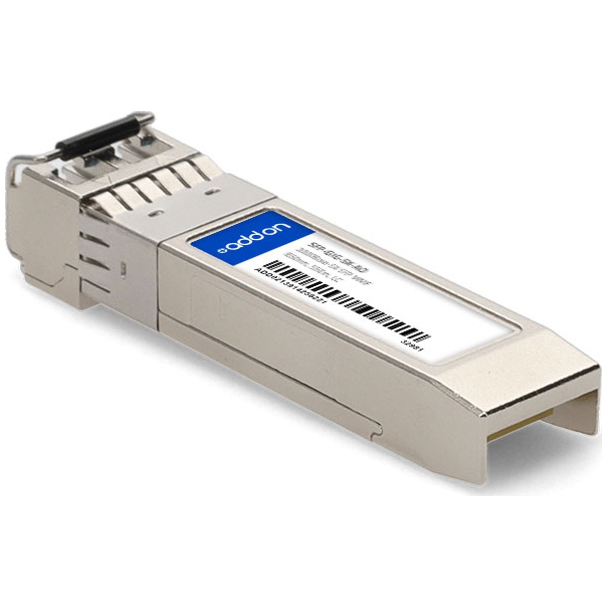 Silver fiber optic transceiver module with a sleek design, featuring a label on the side, a metal casing, and a connector at one end for network integration.