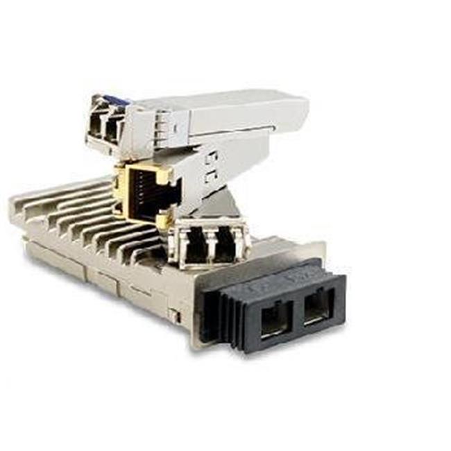 Silver and black AddOn Networks 3HE08142AA-AO Network Transceiver Module with two fiber optic ports, a compact design, and metal casing for durability.