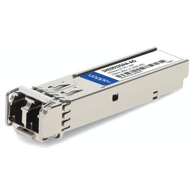 Silver metal SFP+ transceiver module with a blue label, featuring an LC connector, designed for 10G ZR applications, and compatible with Alcatel systems.