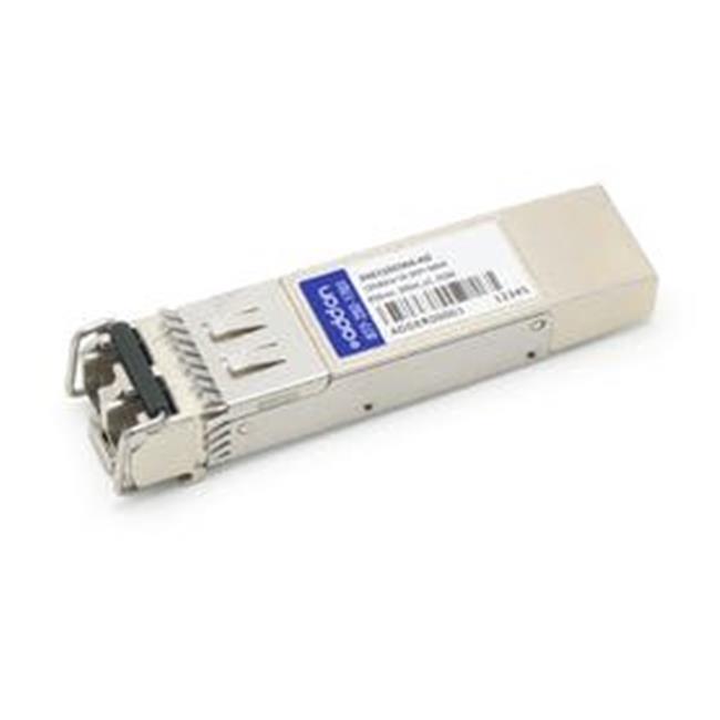 Silver optical transceiver module with a metal casing, featuring a connector on one end and a label with "AddOn" branding, designed for Alcatel-Lucent and Nokia compatibility.