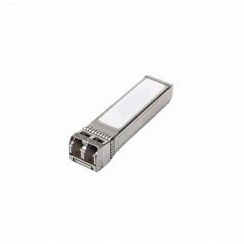 Silver metal SFP+ transceiver with a clear plastic top, labeled for 10GBASE-SR compatibility, featuring a connector at one end for high-speed network connections.