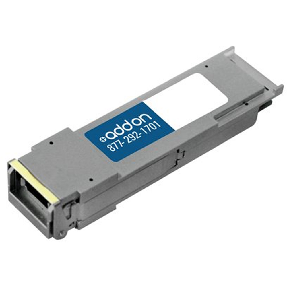 40GBASE-SR4 QSFP+ network transceiver module in a metallic gray casing, featuring a prominent blue AddOn Networks logo and a connector at one end.