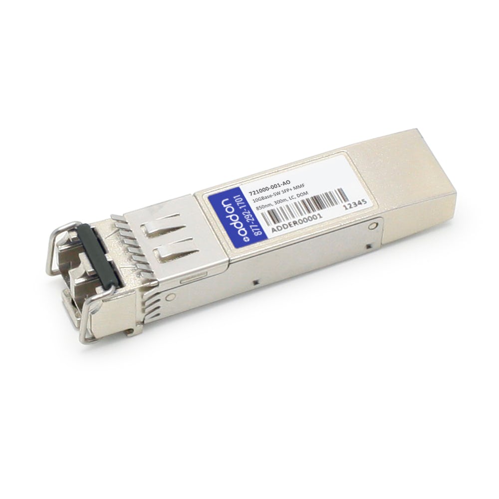 Silver metal SFP+ transceiver module with a label on the side, featuring a connector on one end and a compact design for 10Gbase-SW compatibility.