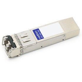 Silver metal network transceiver module with a rectangular shape, featuring a connector at one end and a label area for identification, designed for fiber optic use.
