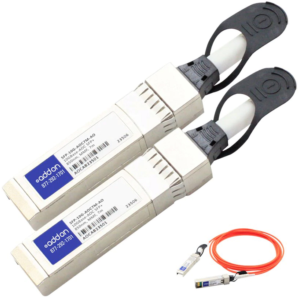 Two AddOn Cisco SFP-10G-AOC7M modules with silver metal casings, labeled with blue and white stickers, accompanied by an orange fiber optic cable.