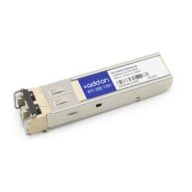 Silver metal network transceiver module with a blue label, featuring a connector on one end and a barcode sticker, designed for fiber optic connections.