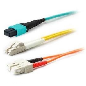 30-meter InfiniBand/fibre optic cable featuring a turquoise connector, with three color-coded fiber strands: yellow, orange, and white, designed for high-speed data transmission.