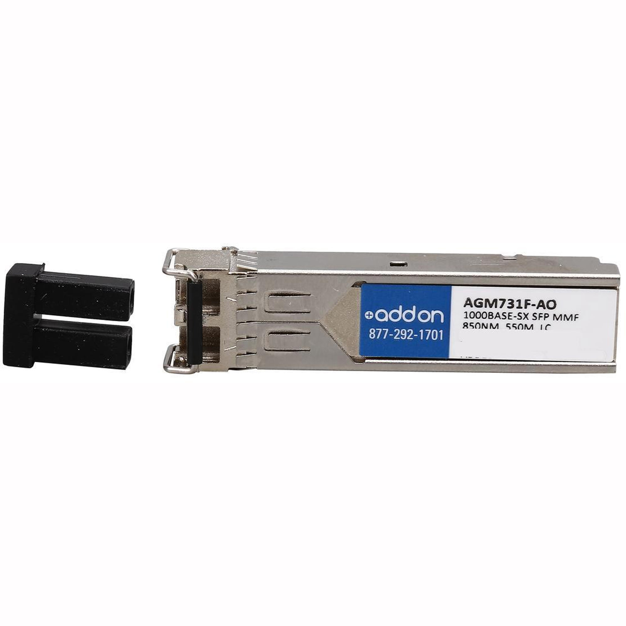 Netgear AGM731F compatible TAA compliant 1000Base-SX SFP module with a silver metal casing, featuring a blue label and a black plastic connector.