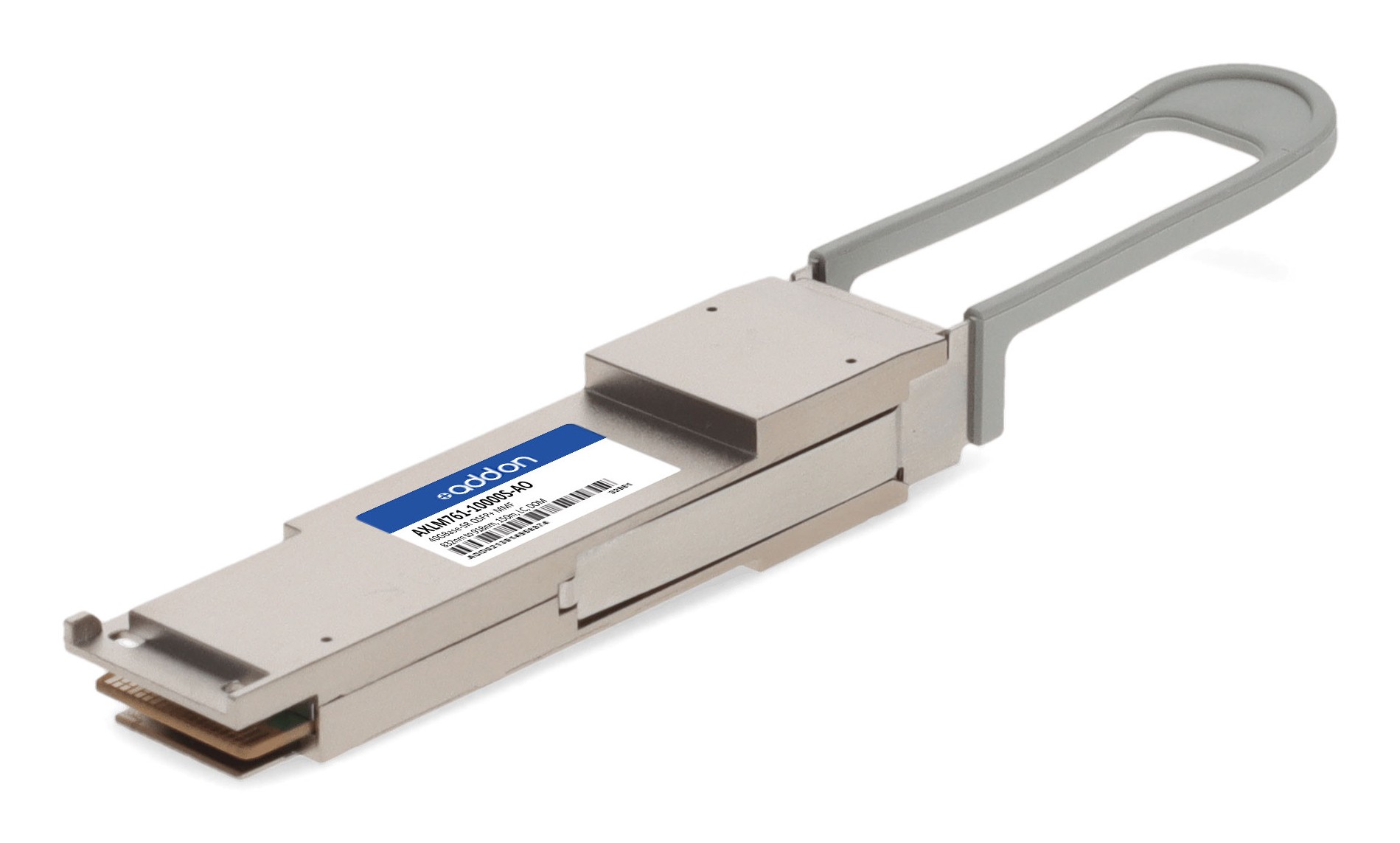 Netgear Axlm761-10000s Comp QSFP+ LC transceiver in silver metal with a gray plastic latch, featuring a label with AddOn Networks branding.