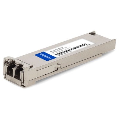Silver metal network transceiver module with a blue label, featuring two optical connectors on one end and a barcode on the side, designed for fiber optic applications.
