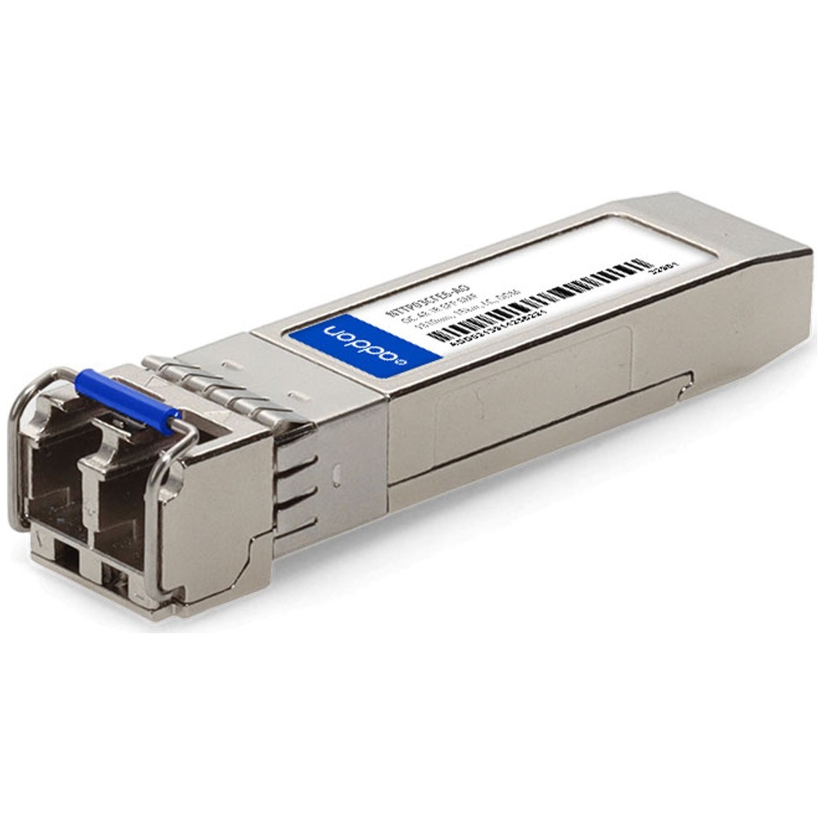 Silver metal SFP module with a blue latch, featuring a label on one side, designed for OC-48-IR compatibility and TAA compliance by AddOn Networks.