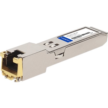 Silver metal SFP+ transceiver module with a gold-plated connector, labeled with a barcode and product information, designed for 10GBASE-T connectivity.