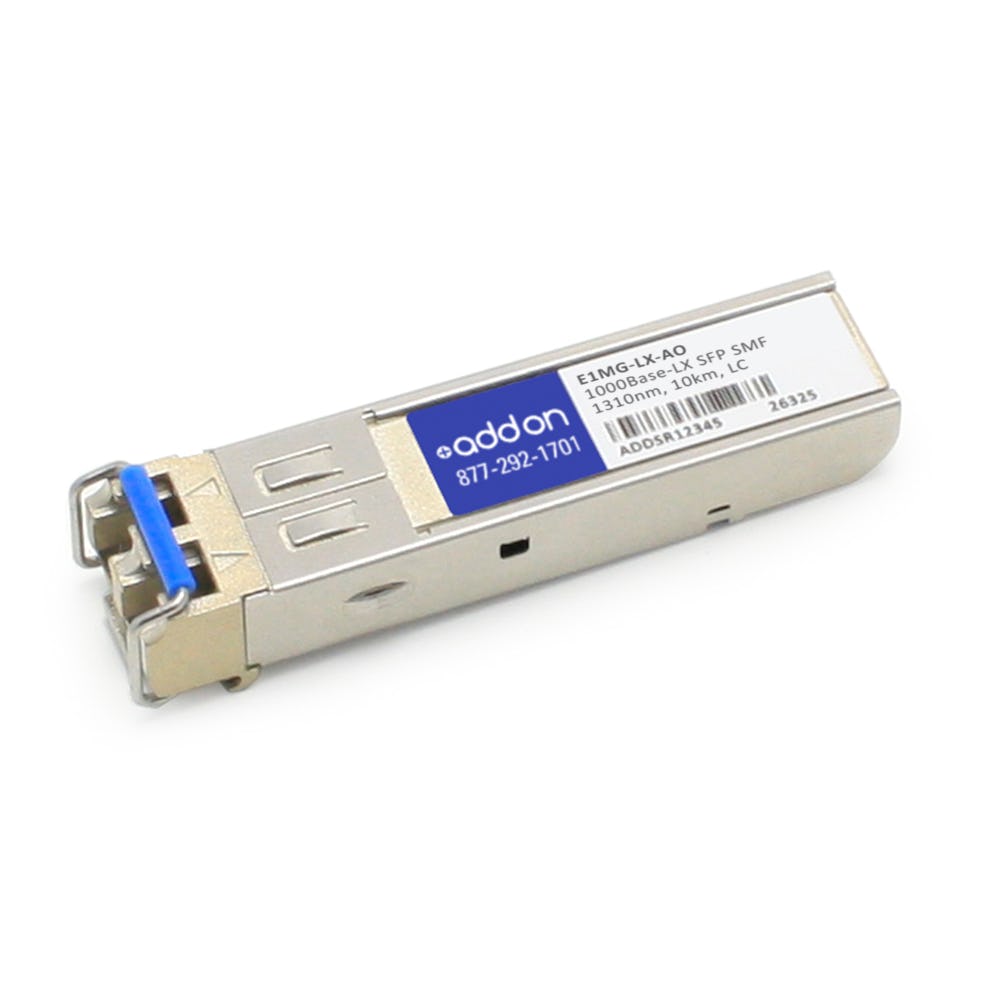 Brocade E1mg-lx-a compatible SFP transceiver in silver metal casing with blue latch, labeled with AddOn Networks branding and specifications for 1000BASE-LX connectivity.