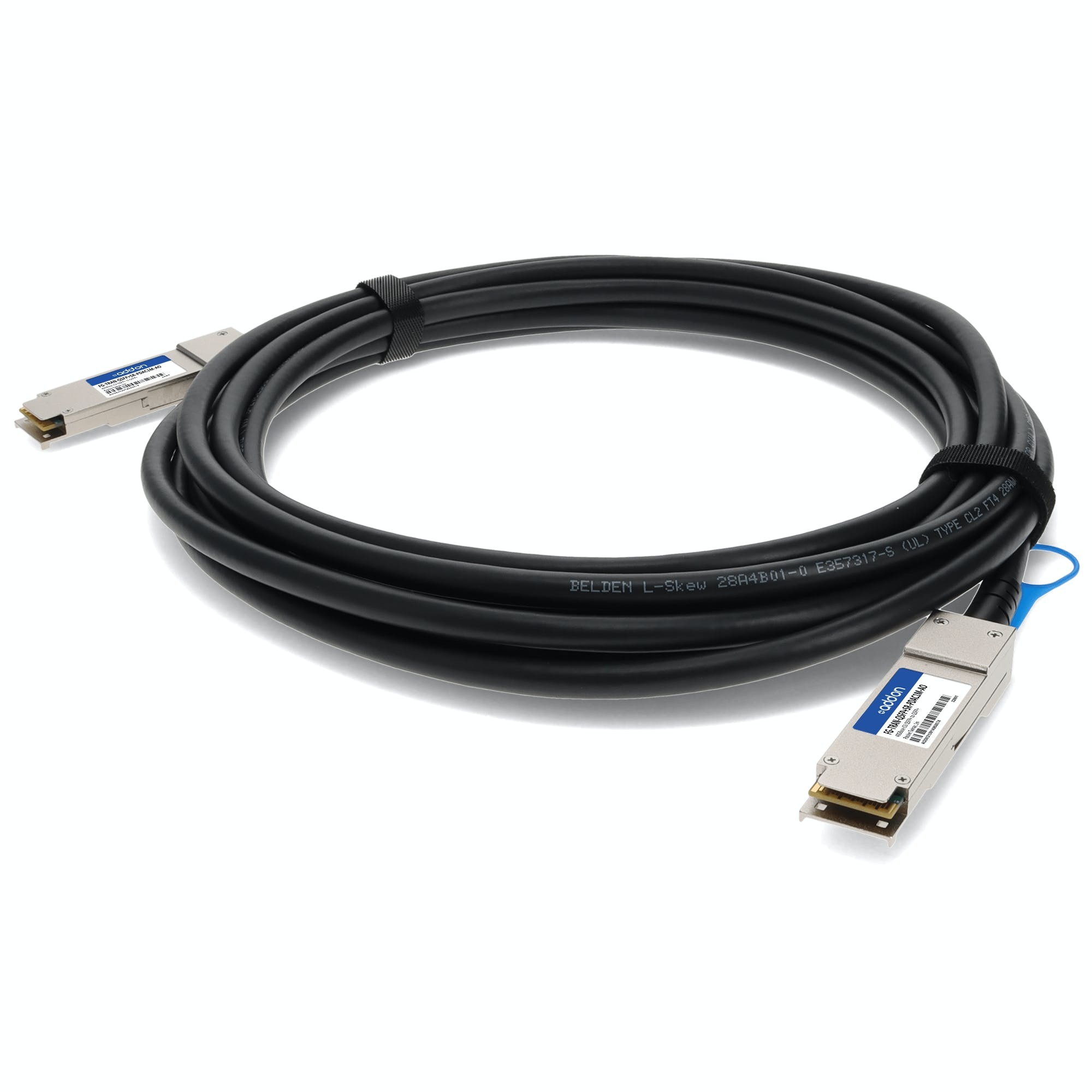 Black 1-meter optical cable with two QSFP+ connectors, featuring metallic ends and a blue identification tag, designed for high-speed data transmission.