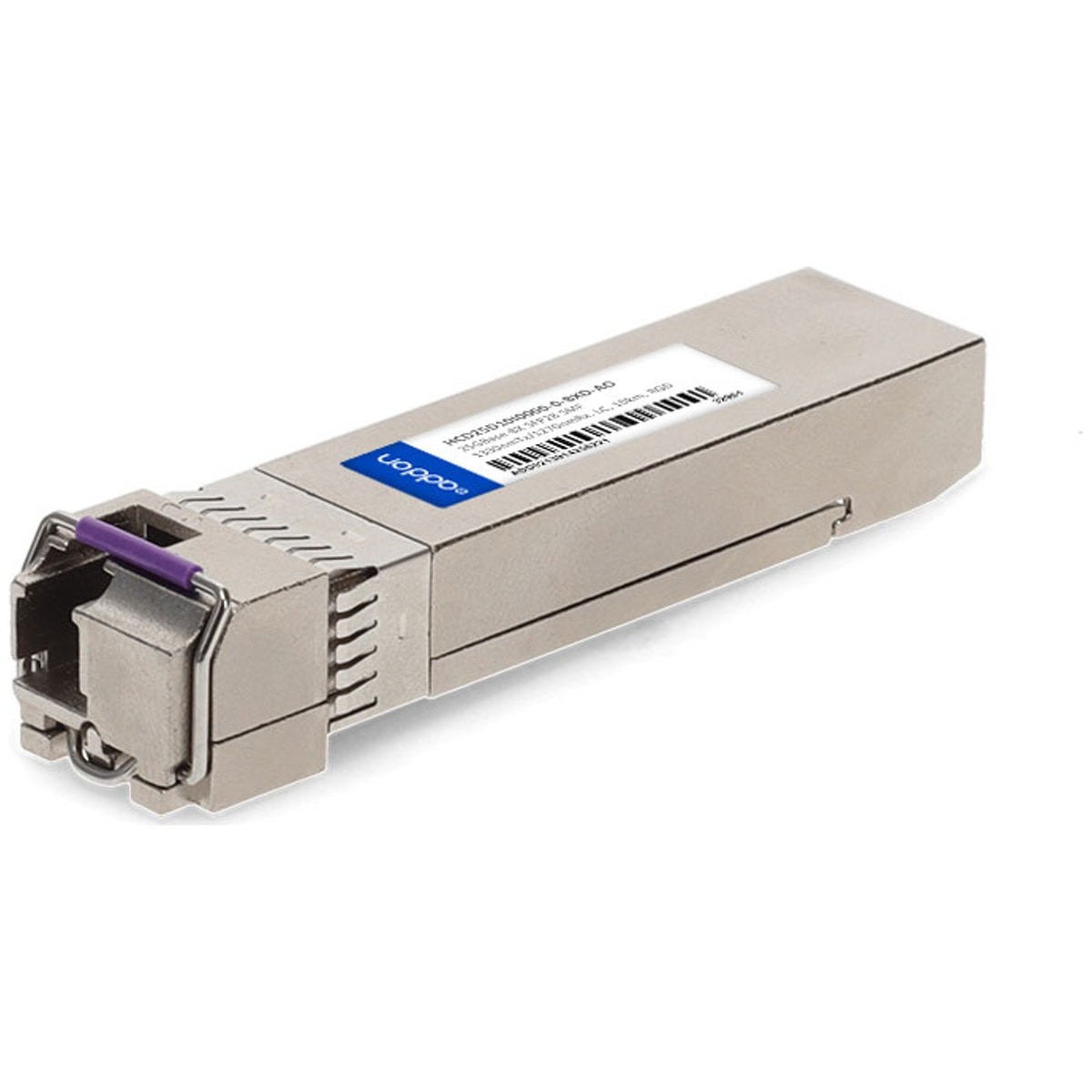 Fujitsu HCD25D10I0000-0-BXD compatible transceiver module in a silver metal casing with a purple latch and a label on the side, designed for TAA compliance.