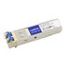 Addon Cisco GLC-LH-SM compatible TAA compliant 1000Base-LX SFP transceiver module, featuring a beige body with blue and white labels, designed for high-speed data transmission.