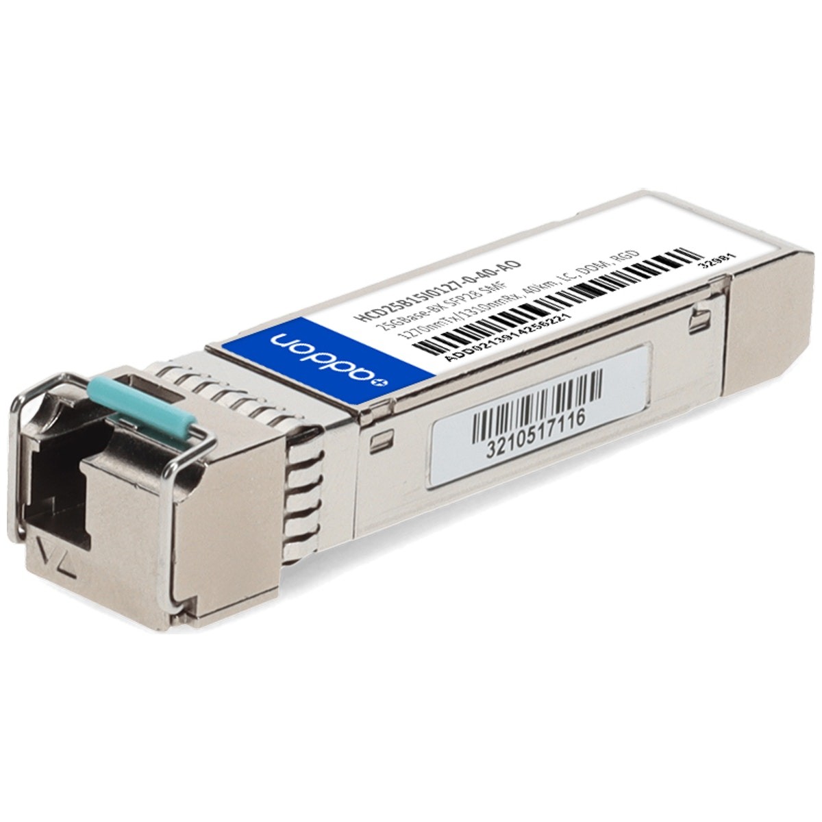 Silver and blue AddOn Networks HCD25B15I0127-0-40-AO network transceiver module with a metal casing, featuring an LC connector and a barcode label on the side.