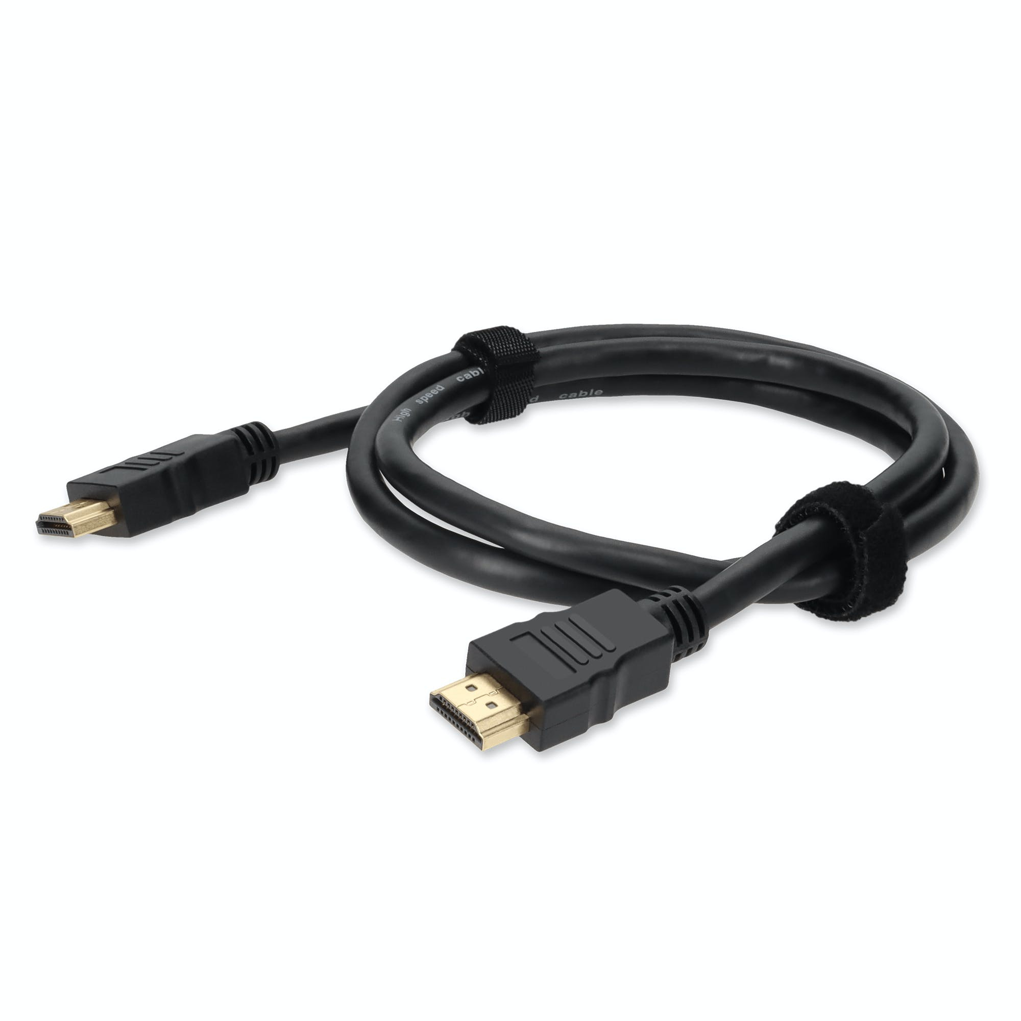 Black 1-meter HDMI cable with standard Type A connectors on both ends, featuring gold-plated tips and secured with Velcro straps for easy organization.