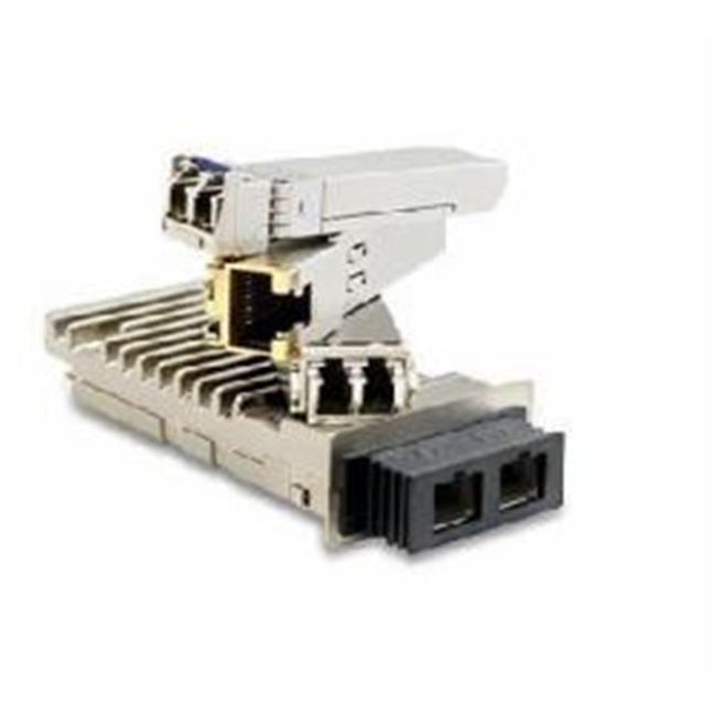 Silver metal 10Gbase-LR SFP+ transceiver with dual LC connectors, featuring a compact design and labeled with specifications for compatibility and performance.