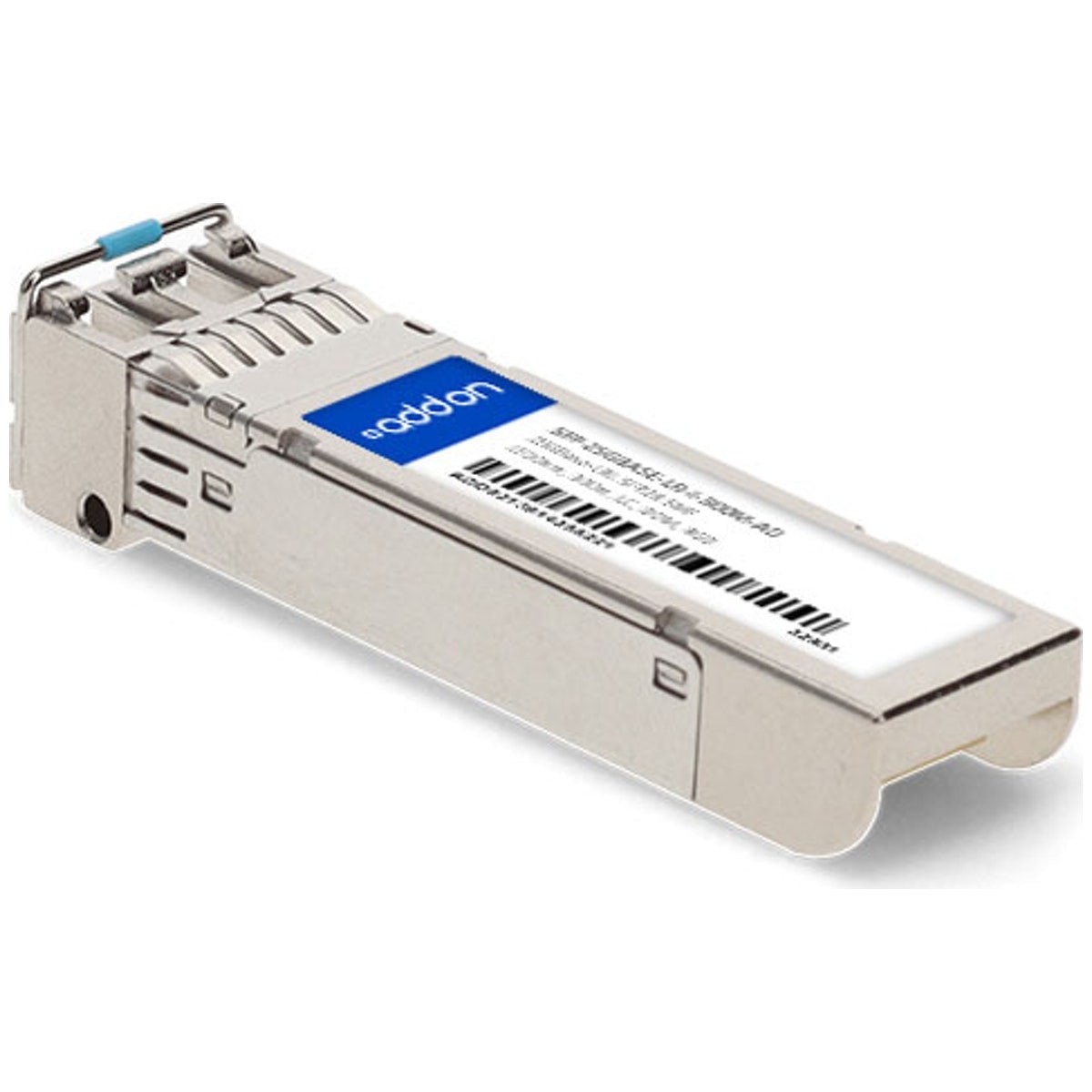 Silver SFP module with a blue latch, labeled "AddOn" and featuring a barcode, designed for 1G LX connectivity, with a compact, metal casing for durability.