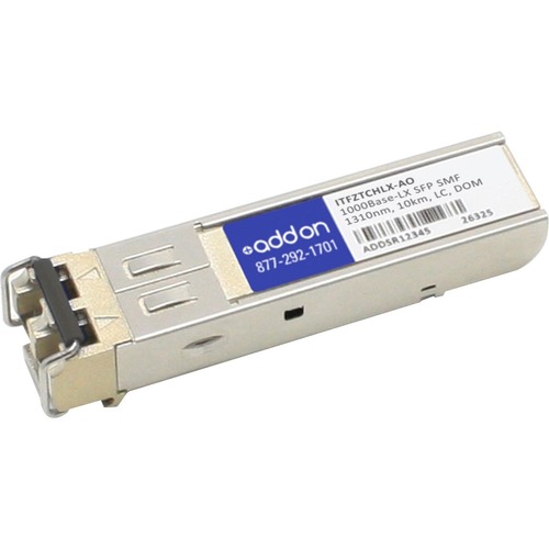 Silver metal transceiver module with a black LC connector, labeled "addon ITFZTCHLX-AO," designed for 1000Base-LX SFP applications.