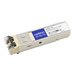 Addon HP J4858C compatible transceiver in a beige plastic casing, featuring dual LC connectors and labeled with technical specifications for 1000Base-SX compliance.