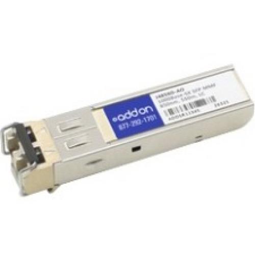 Silver metal SFP transceiver with a black connector, labeled "AddOn" and "HP J4858D," designed for 1000Base-SX compatibility, featuring a compact, rectangular shape.