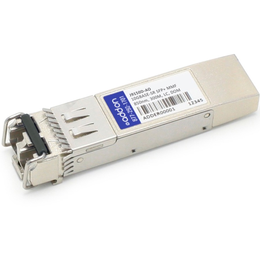 10GB SFP Plus transceiver with a silver metal casing, featuring a connector on one end and a label on the side indicating model J9150D-AO and specifications.