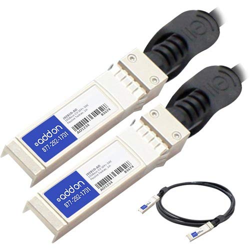 Compatible 10Gbase-Cu SFP+ direct attach cable with two silver connectors and a black flexible cable, featuring AddOn Networks branding and identification labels.