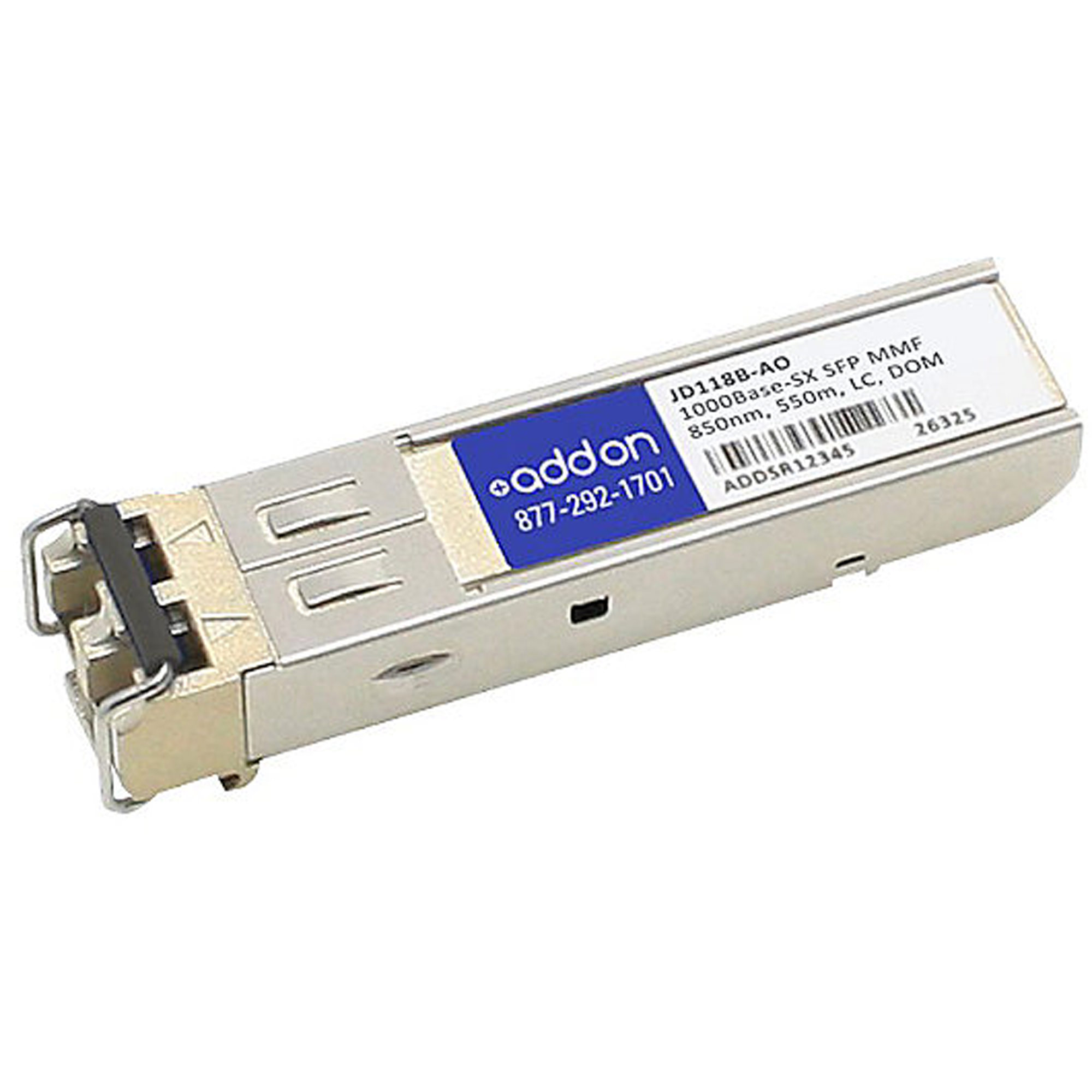 Silver metal transceiver with a blue label, featuring a dual LC connector and a compact design, compatible with 1000Base-SX, suitable for multimode fiber applications.