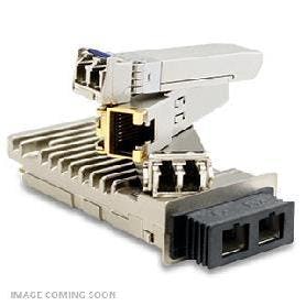 SFP28 transceiver module in silver and black, featuring LC connectors, a compact design, and a heatsink for efficient cooling, labeled with "HP JL484A" and "AddOn Networks."