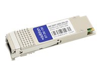 Addon Jnp-Qsfp-100G-Sr4 Comp Qsfp28 Xcvr in light gray plastic housing with a label, featuring a compact design and connector interface for high-speed data transmission.