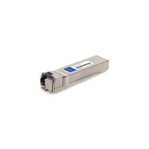 Silver network transceiver module with a purple latch, labeled "AddOn Networks JNP-SFP-25G-LR-BXD-I-AO," designed for fiber optic connections.