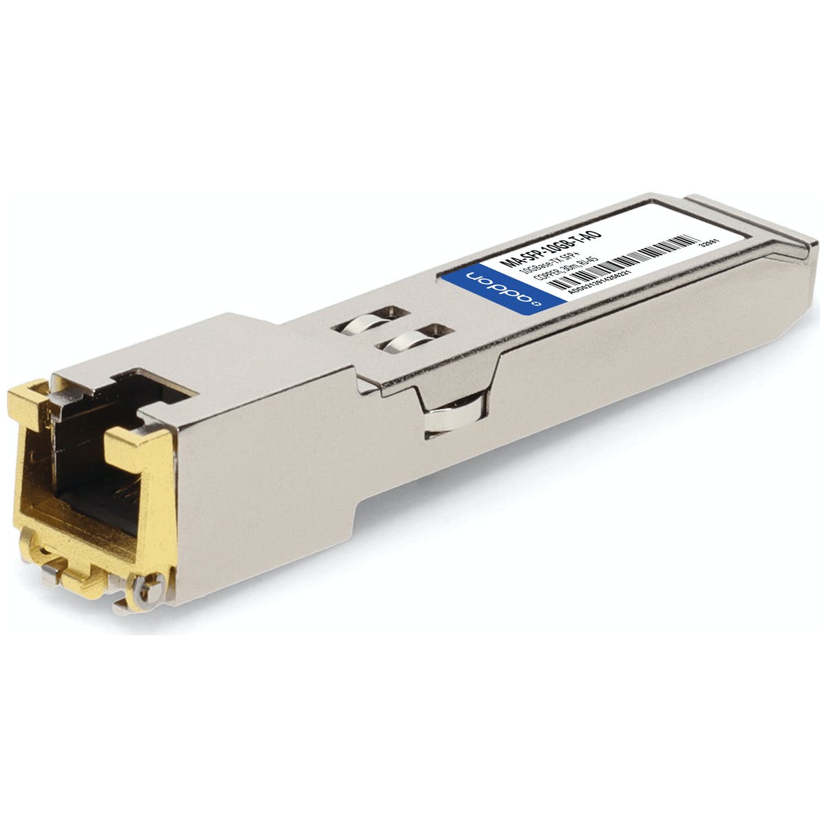 Cisco Meraki Ma-sfp-10gb-t transceiver module in silver metal casing, featuring a gold-plated connector, designed for 100/1000/10000BASE-TX compatibility.