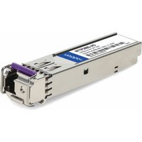 Silver AddOn Networks NTTP58BD-AO fiber optic transceiver module with purple latch and labeled top surface.
