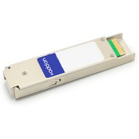 Silver AddOn Networks NTTP86AA-AO fiber optic transceiver module with blue label and green connector tip.