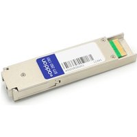 Silver AddOn Networks transceiver module with blue label, barcode, and gold connector.
