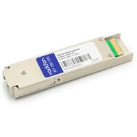 Beige AddOn Networks transceiver module with blue label, barcode, and metallic connectors.