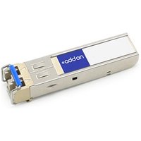 Silver AddOn Networks transceiver module with blue latch and white label on top.