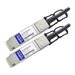 Two AddOn Networks QSFP 100G copper cables, featuring a metallic silver casing, black connectors, and labeled with blue and white identification tags.